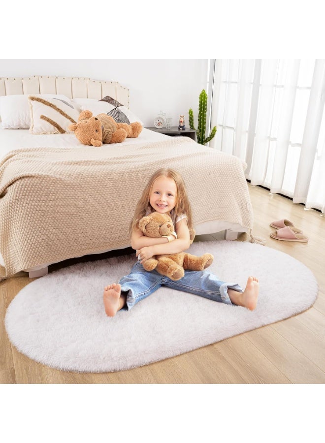 Soft Shaggy Rug for Kids Bedroom, Oval 2.6'x5.3' Cream Plush Fluffy Carpets for Living Room, Furry Carpet for Teen Girls Room, Anti-Skid Fuzzy Comfy Rug for Nursery Decor Cute Baby Play Mat - Image 2